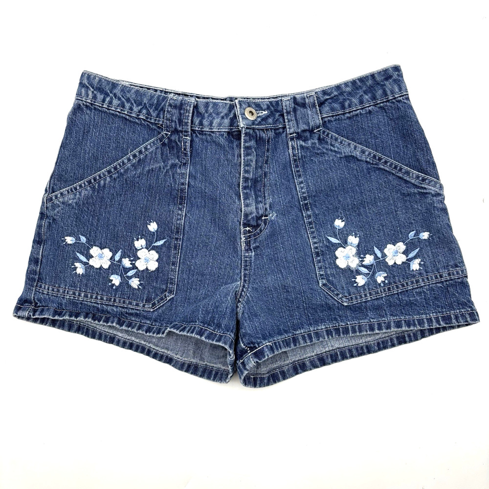 Vintage 90s Mosquito Med Wash Floral Embroidered Denim Shorts 11/12 30x2.5" USA